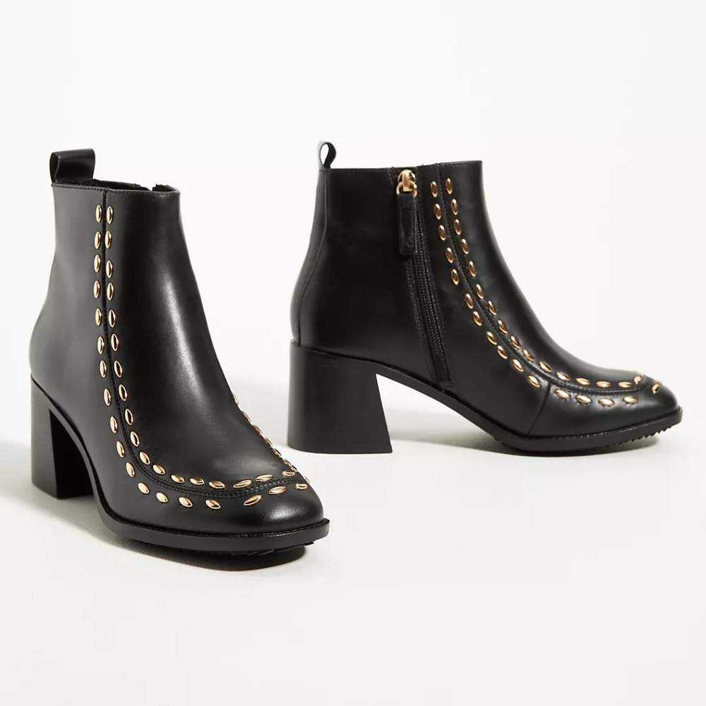 Kelsi Dagger Black Ankle Boots with Gold Studs